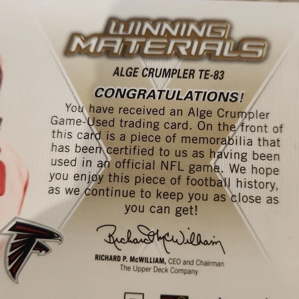 UPPER Deck SPX ATL Falcons Alge Crumpler Game Worn Jersey Card
